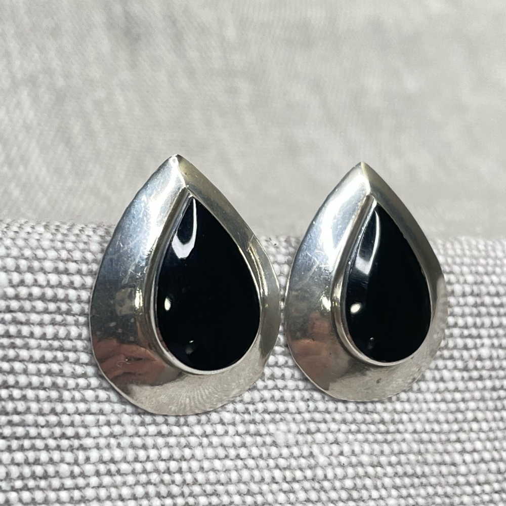 Silver Onyx Pear Post Earrings